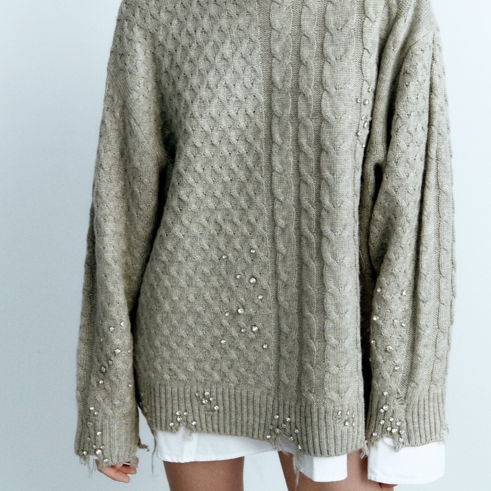 Zara High Neck Destroyed Crystal Studded Cable Knit Sweater In Gray Large Nwot View 3